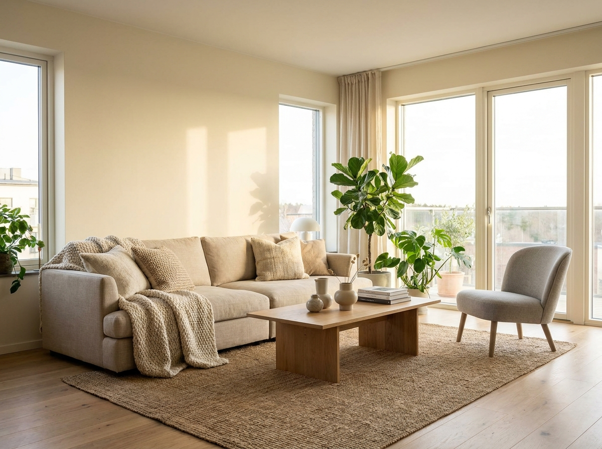 Nordic living room with minimalist linen sofa and oak furniture