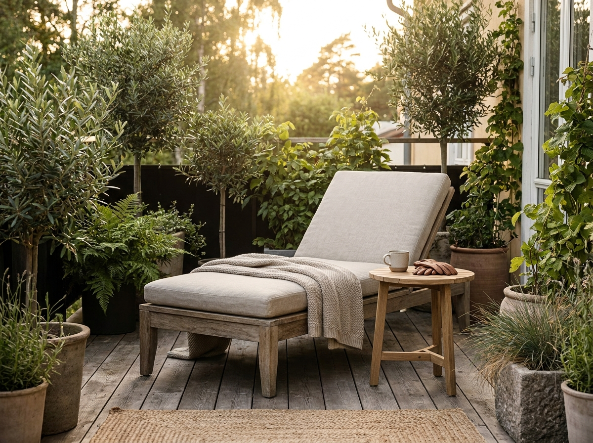 Nordic outdoor patio with minimalist wooden lounge chair