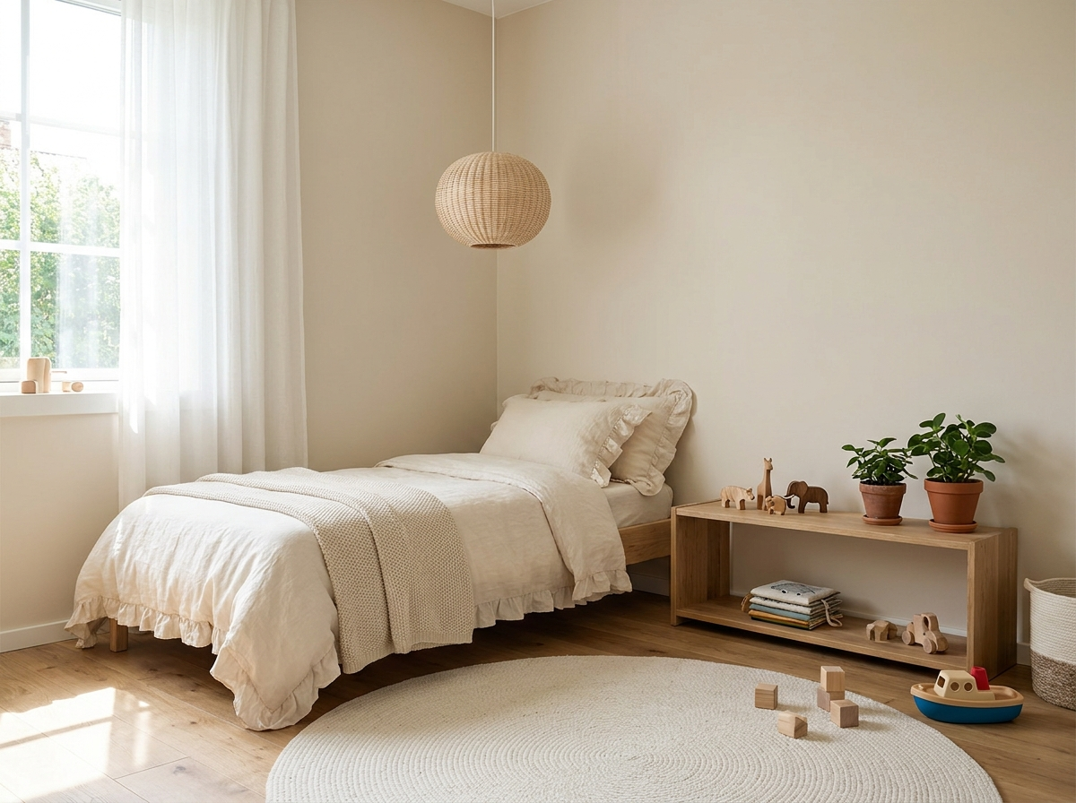 Serene Nordic children's room with minimalist neutral decor