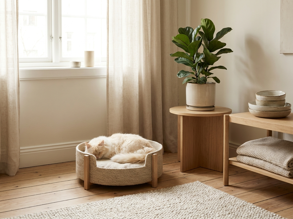 Nordic home corner with a minimalist pet bed and a resting cat