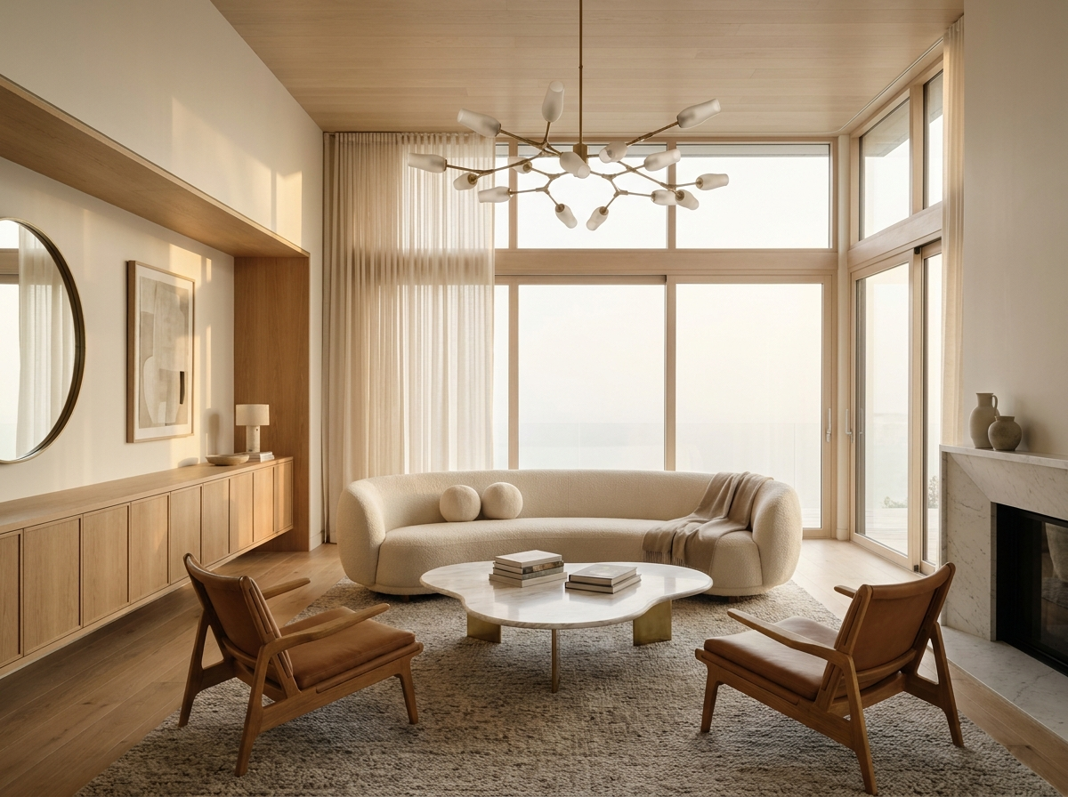 Luxurious minimalist Nordic living room with statement chandelier