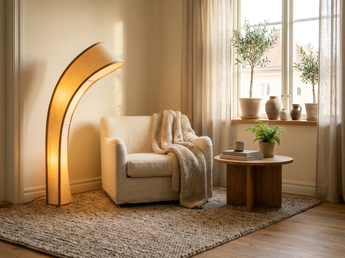 Nordic reading nook with a sculptural floor lamp beside a linen armchair