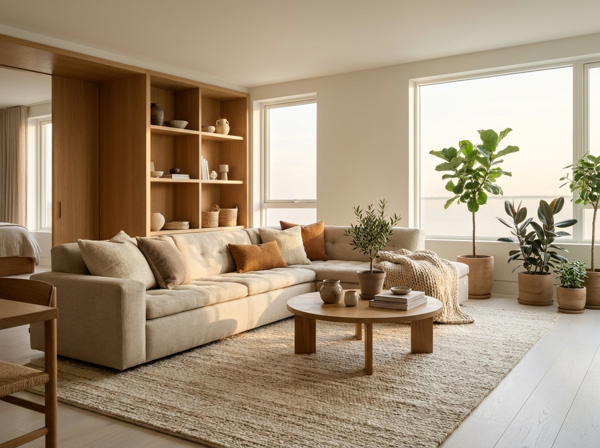 Nordic living room with a beige linen sofa as centerpiece