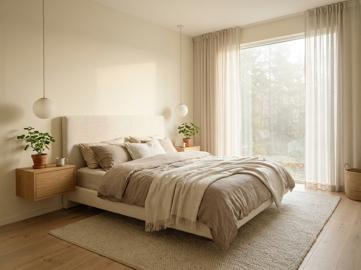 Serene Nordic bedroom with minimalist upholstered bed
