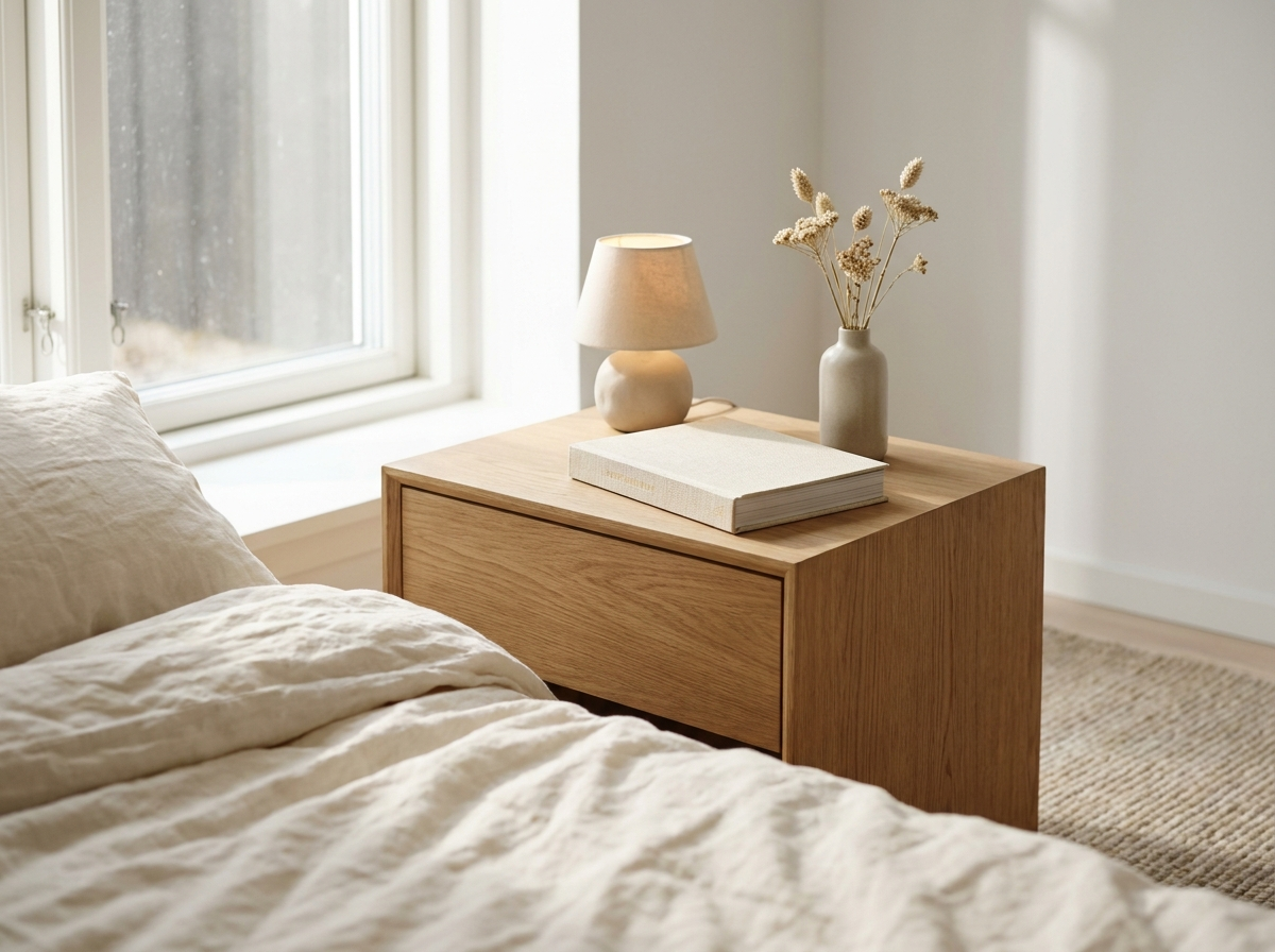 Nordic bedroom detail with minimalist wooden nightstand