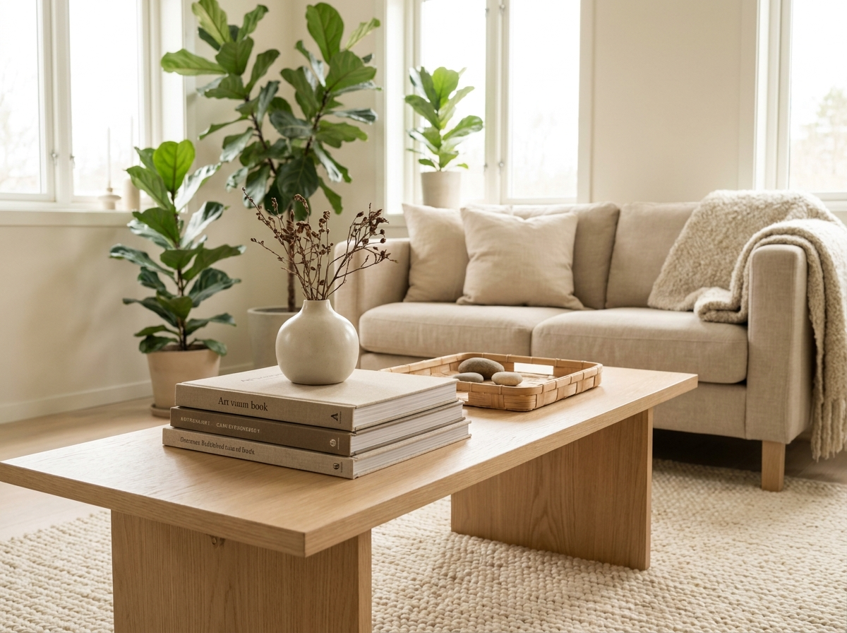 Nordic living room detail with minimalist oak coffee table