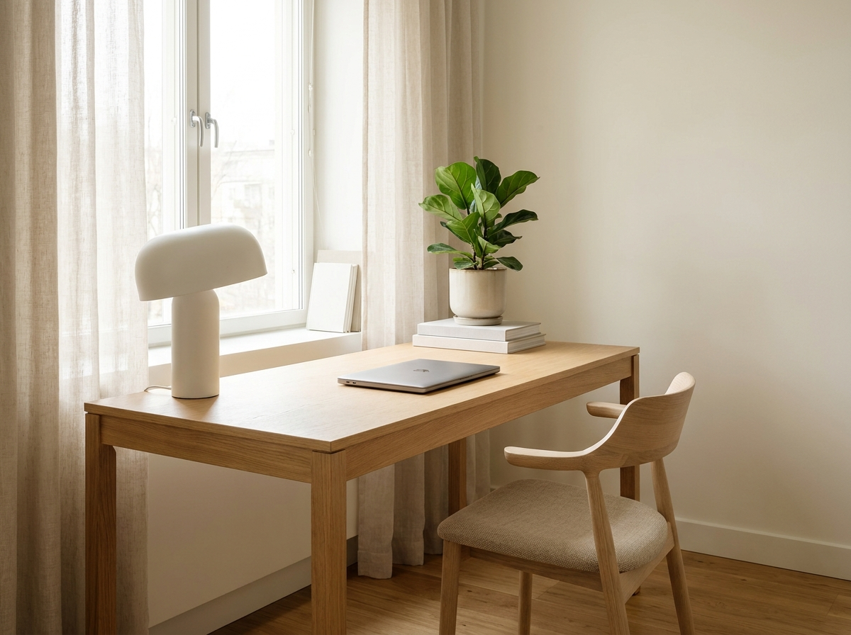 Nordic home office with minimalist wooden desk near a window