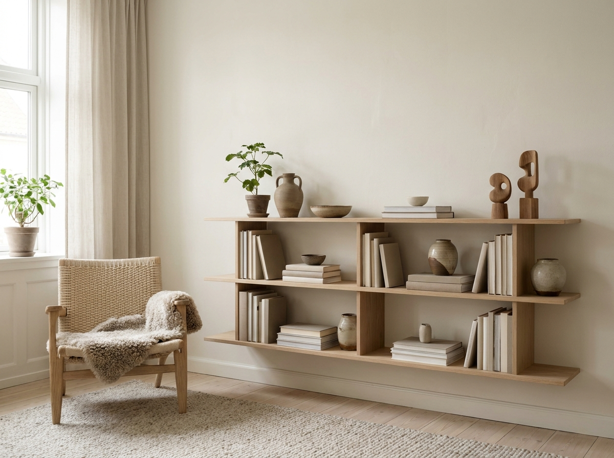 Nordic interior with minimalist oak bookshelf styled with books and decor