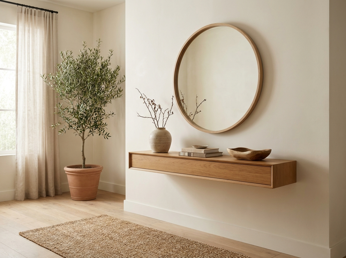 Nordic entryway with minimalist round wall mirror above a wooden console