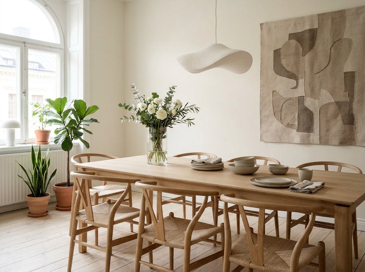 Nordic dining room with minimalist oak dining table and pendant light