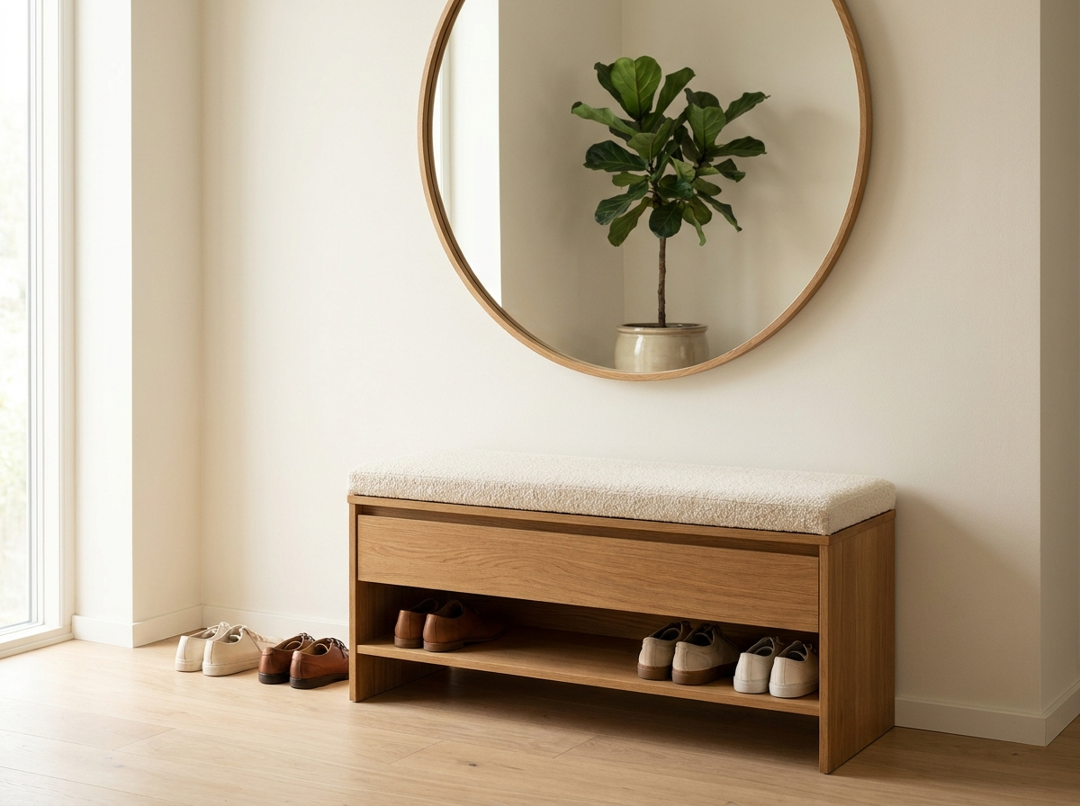 Nordic entryway with minimalist wooden shoe storage cabinet
