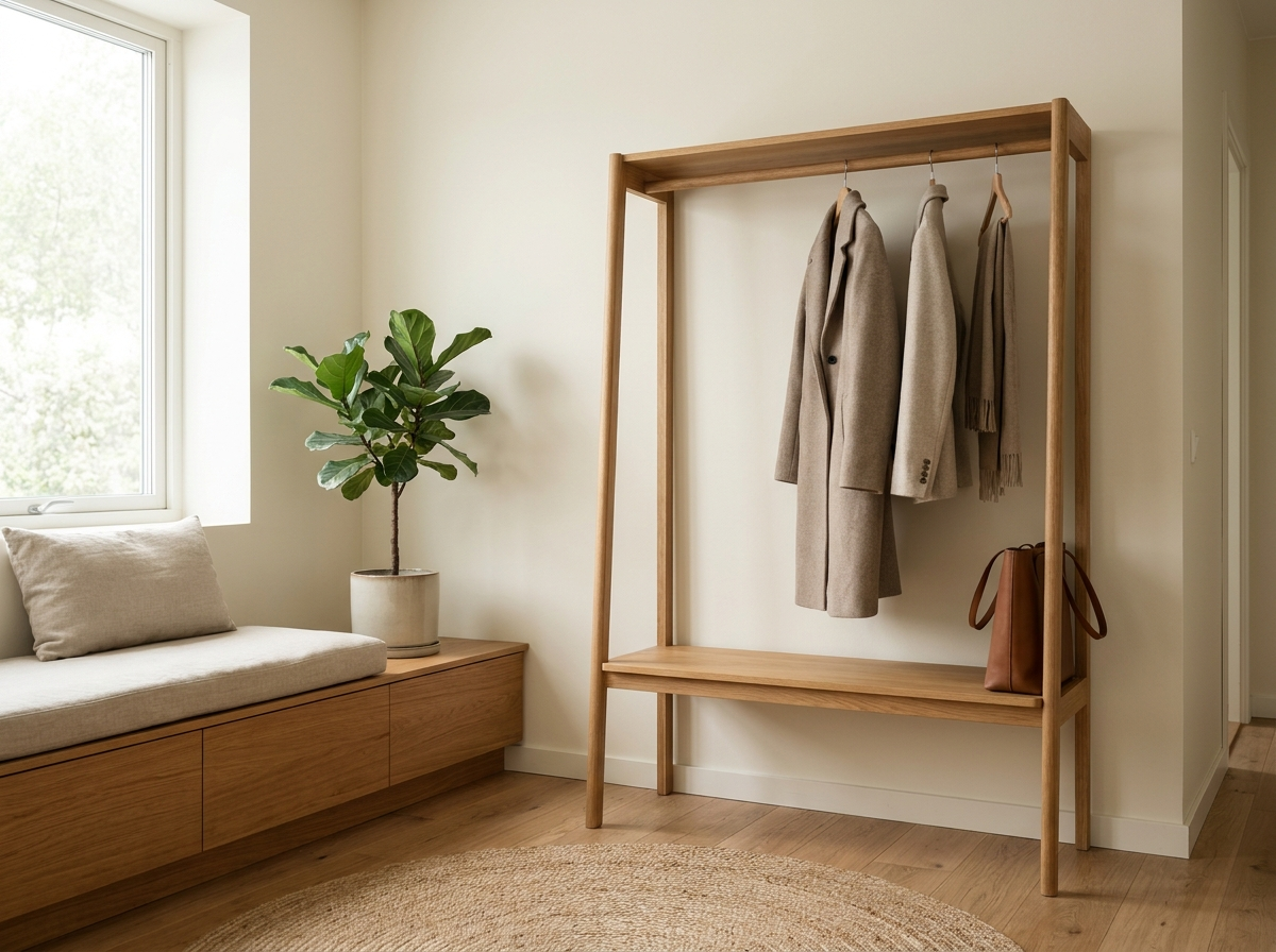 Nordic entryway with minimalist wooden hall tree and bench