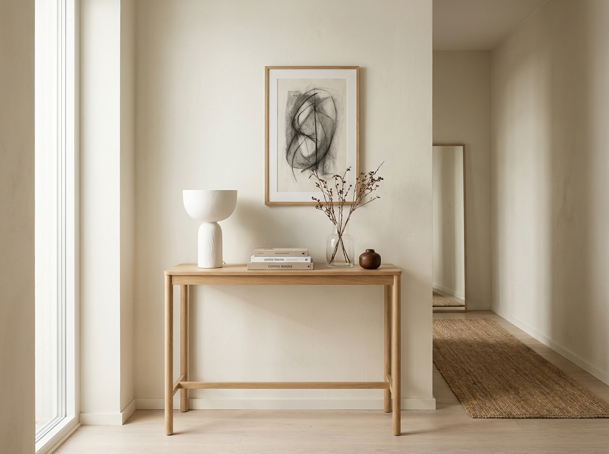 Nordic hallway with minimalist console table and framed art
