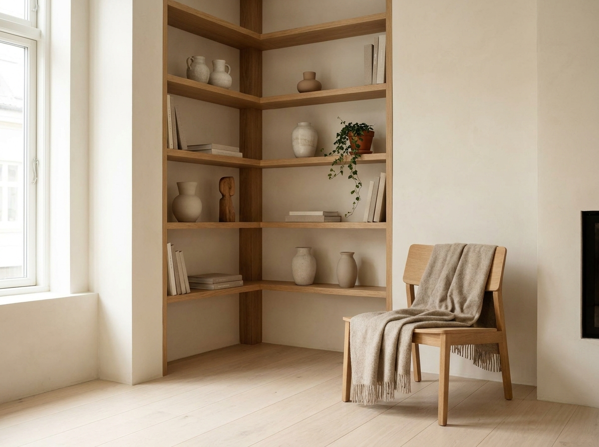 Nordic room corner with minimalist corner shelf unit styled with books and plants