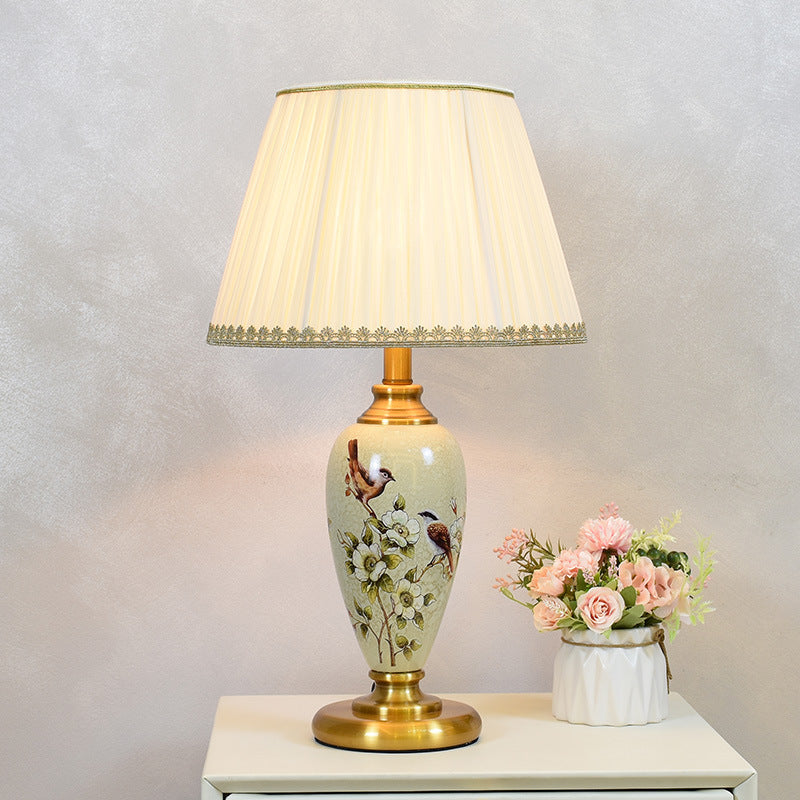 Traditional Chinese Cylindrical Floral And Bird Pattern Metal Ceramic Fabric 1-Light Table Lamp For Bedroom