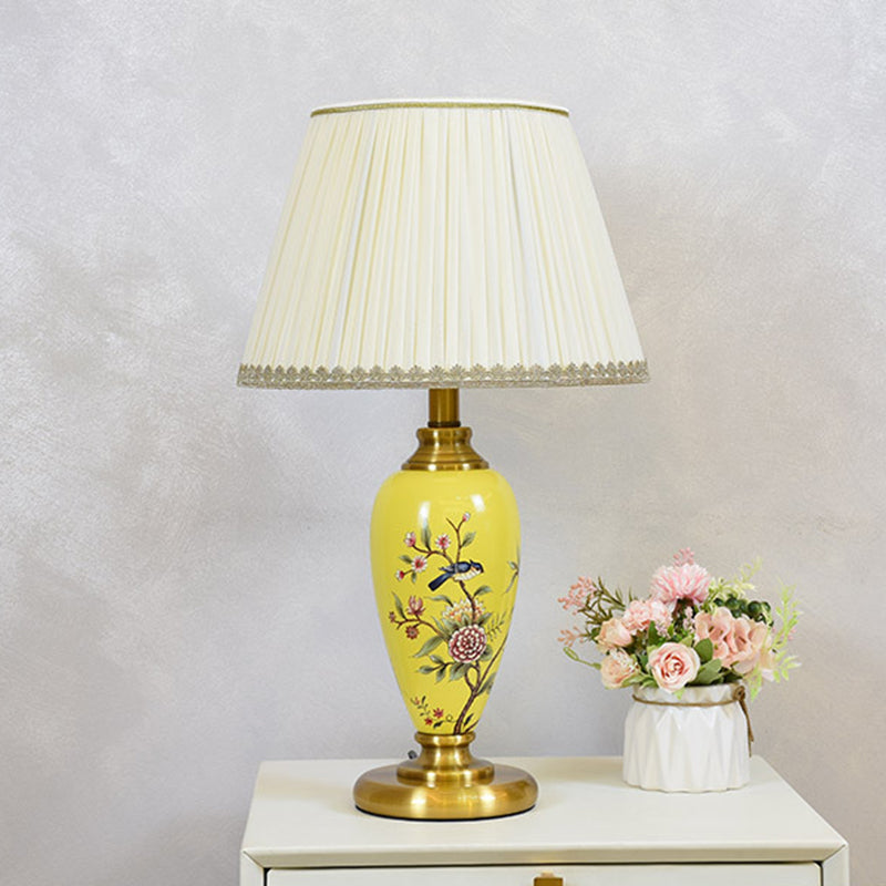 Traditional Chinese Cylindrical Floral And Bird Pattern Metal Ceramic Fabric 1-Light Table Lamp For Bedroom