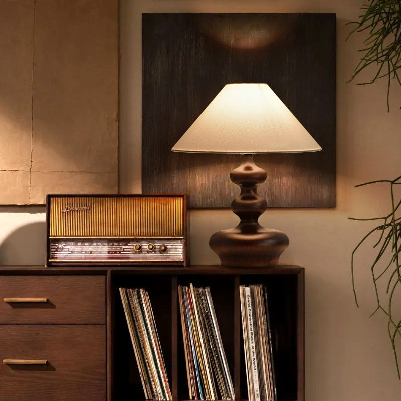 Contemporary Retro Ash Wood Linen Trapezoid Round 1-Light Table Lamp For Bedroom