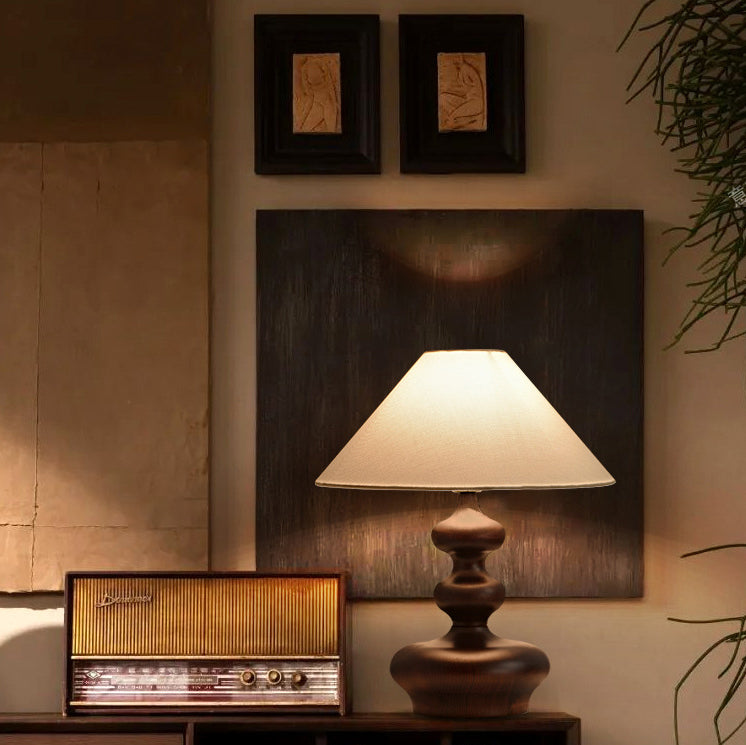 Contemporary Retro Ash Wood Linen Trapezoid Round 1-Light Table Lamp For Bedroom