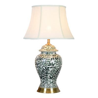 Contemporary Retro Lotus Leaves Pattern Ceramic Copper Linen 1-Light Table Lamp For Bedroom