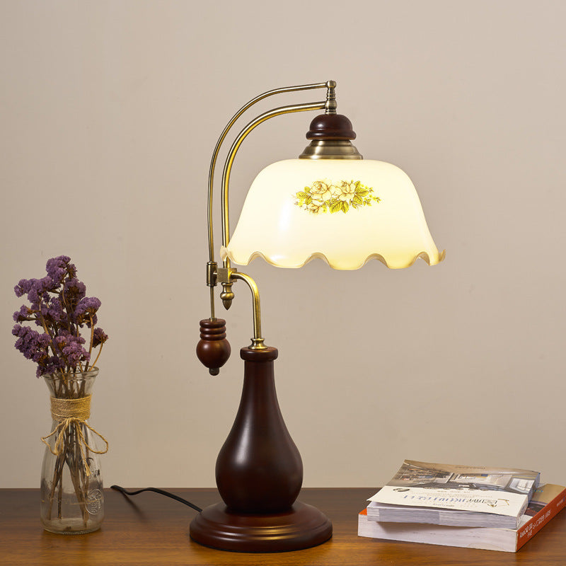 Traditional Vintage Floral Glass Rubberwood Copper Base 1-Light Table Lamp For Bedroom