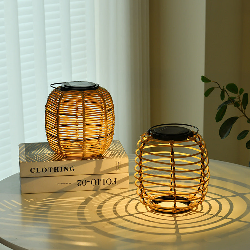 Solar Outdoor Rattan Weaving Cylinder Waterproof LED Garden Table Lamp