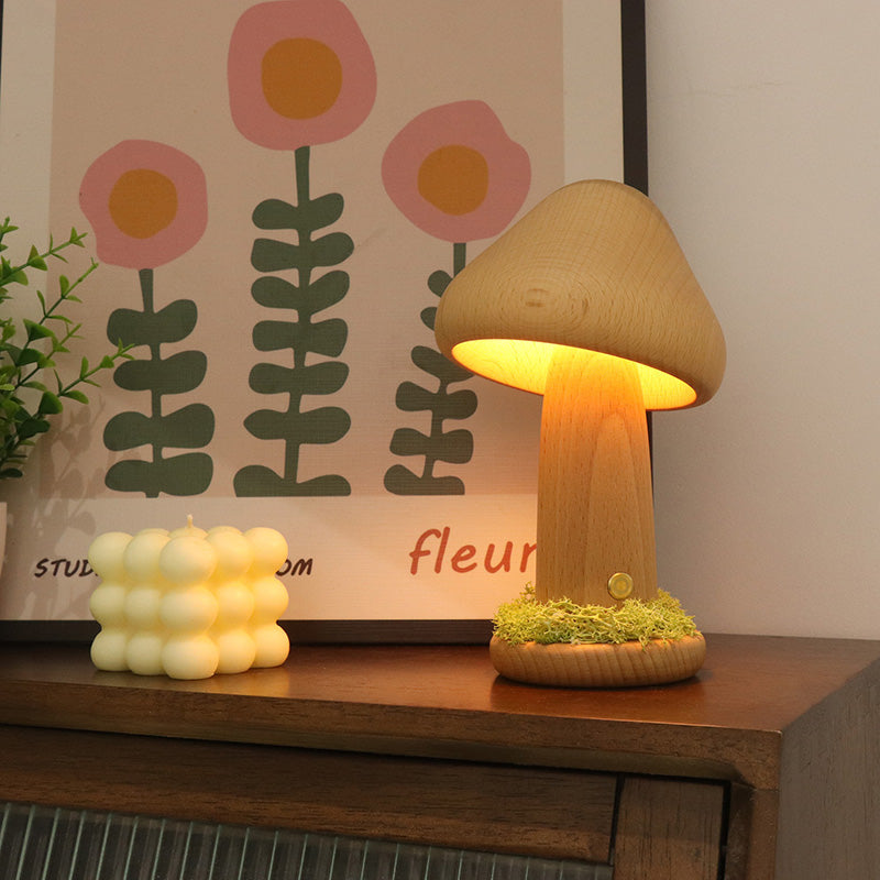 Modern Art Deco Mushroom Round Beech Wood LED Table Lamp For Bedroom