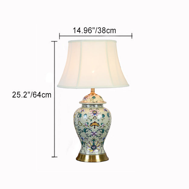 Contemporary Retro Lotus Leaves Pattern Ceramic Copper Linen 1-Light Table Lamp For Bedroom