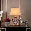 Traditional Chinese Cone Fabric Red Ceramic Jar Base 1-Light Table Lamp For Bedroom