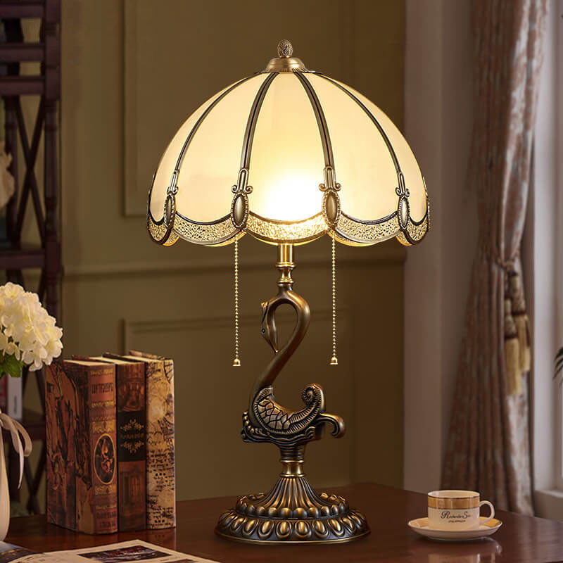 Traditional European Stained Glass Swan Base Copper 2-Light Table Lamp for Bedroom Home Office