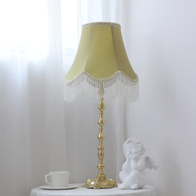 Traditional Vintage Round Copper Fabric Cylinder Fringed Trapezoid 1-Light Table Lamp For Bedroom