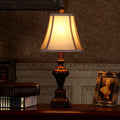 Modern Eclectic Fabric Shade Resin Carved Square Base 1-Light Table Lamp For Study