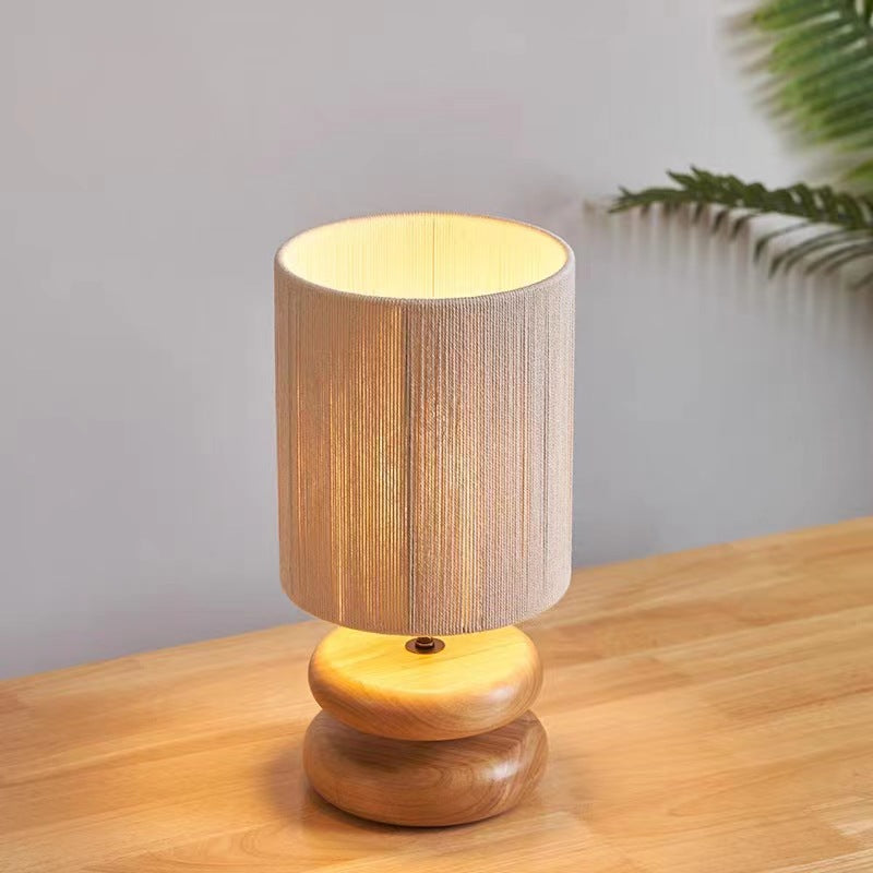 Traditional Chinese Fabric Cylinder Shade Wooden Chess Base 1-Light Table Lamp For Home Office