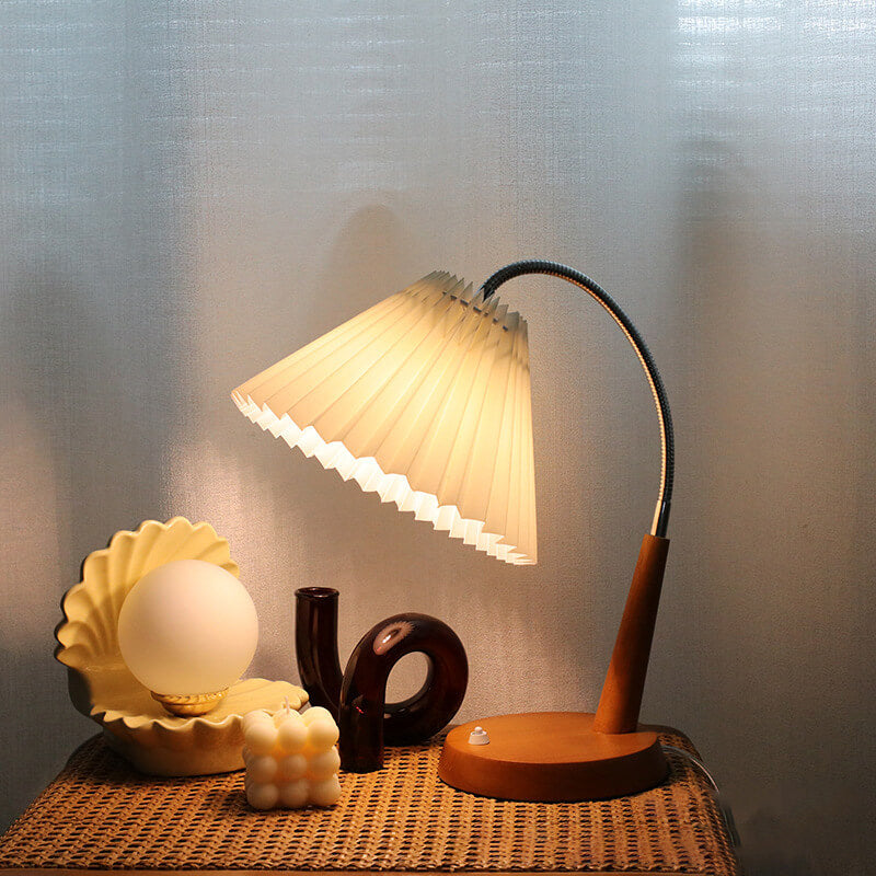 French Vintage Pleated Solid Wood Base Curved Arm 1-Light Table Lamp