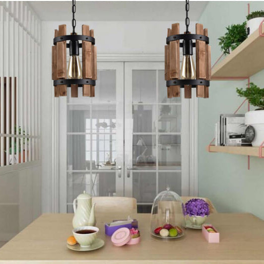 Rustic Wooden Round 1-Light Pendant Light