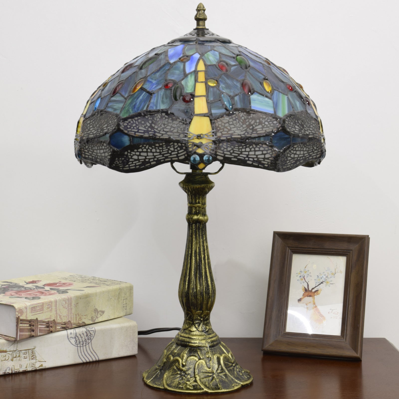 Traditional Tiffany Dragonfly Stained Glass 1-Light Table Lamp For Study