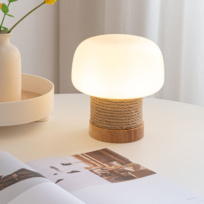 Vintage Creamy Mushroom Glass Twine Oak 1-Light Table Lamp
