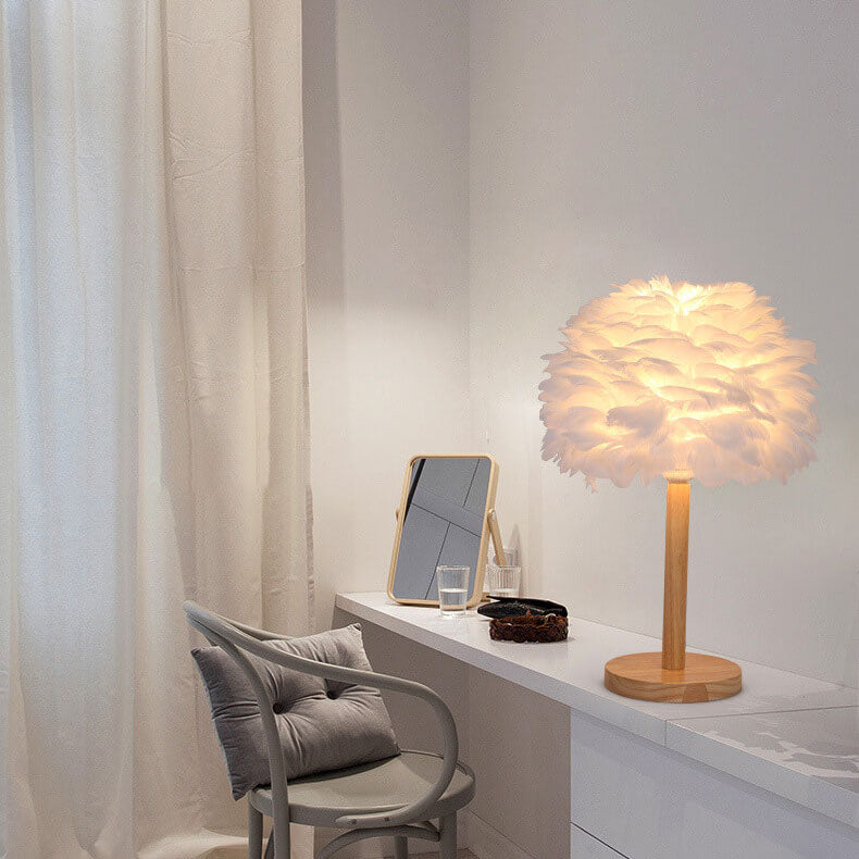 Modern Creative Feather Decorative Solid Wood 1-Light Table Lamp