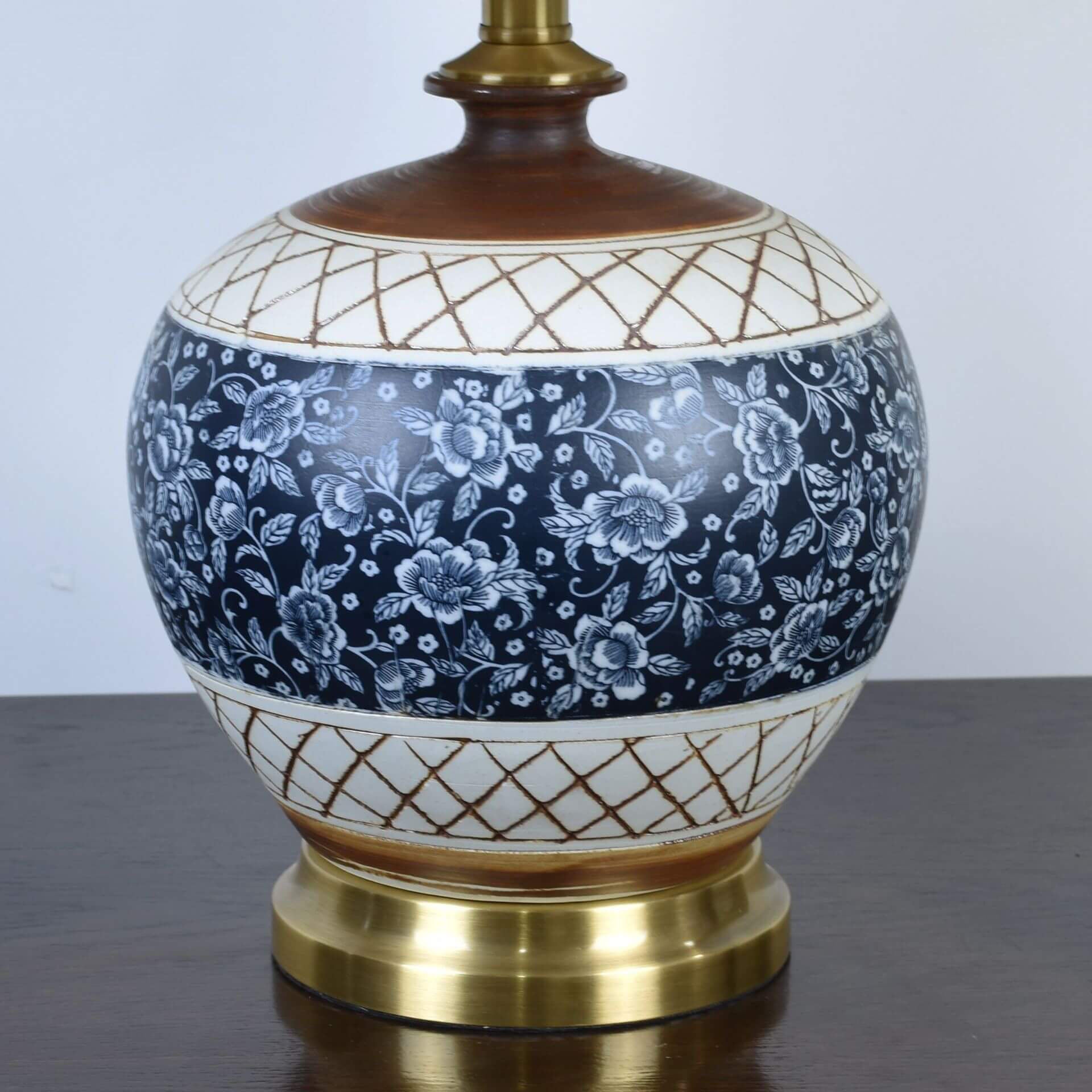 Traditional Chinese Round Ceramic Hardware Fabric Print Pleated Lampshade 1-Light Table Lamp For Bedroom