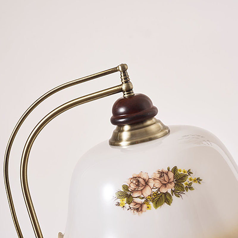 Traditional Vintage Floral Glass Rubberwood Copper Base 1-Light Table Lamp For Bedroom