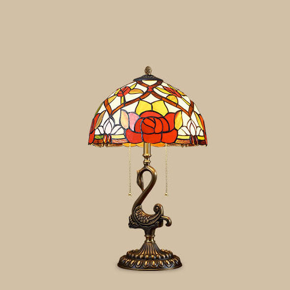 Traditional European Stained Glass Swan Base Copper 2-Light Table Lamp for Bedroom Home Office