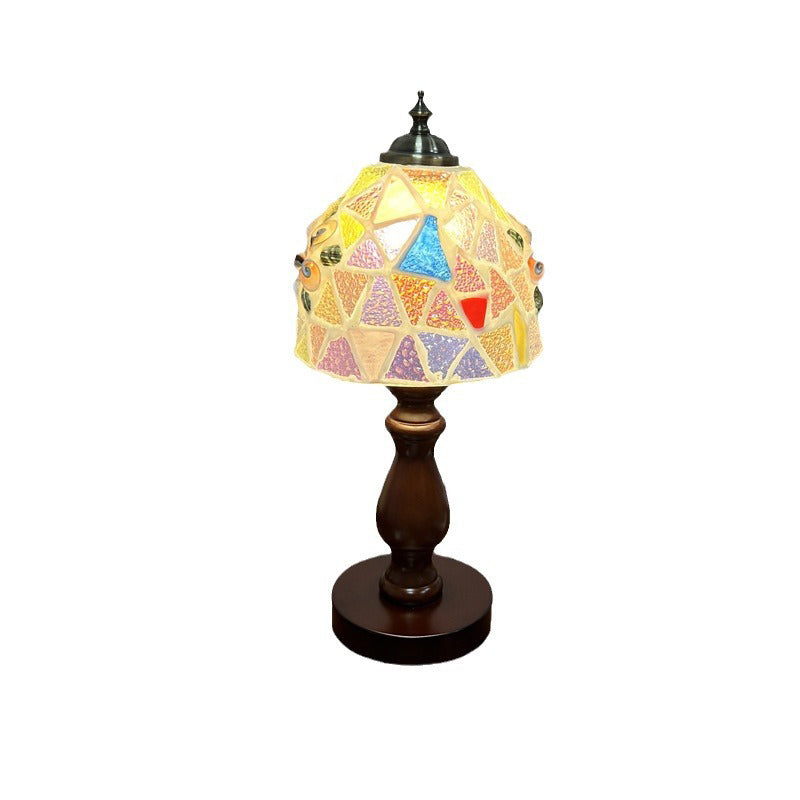 Traditional Vintage Wood Glass Hemispheroid Shell Lozenge 1-Light Table Lamp For Bedside