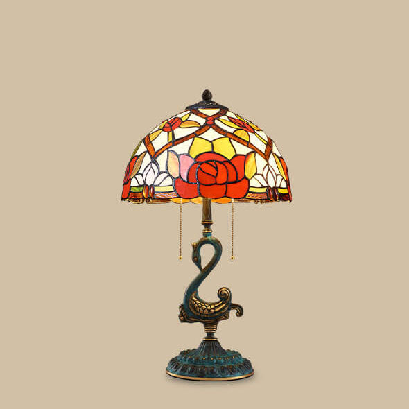 Traditional European Stained Glass Swan Base Copper 2-Light Table Lamp for Bedroom Home Office