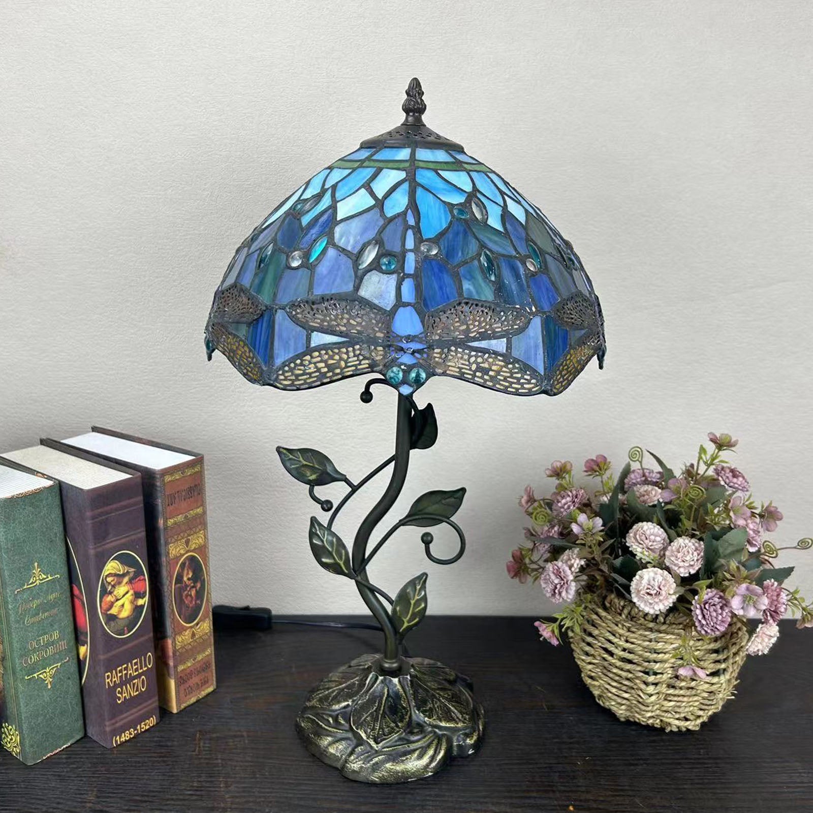 Traditional Tiffany Resin Glass Dome Conic Flower Leaf 1-Light Table Lamp For Bedside