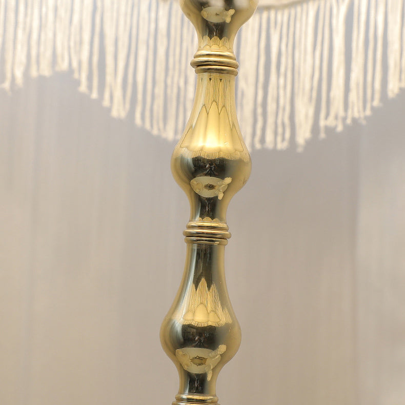 Traditional Vintage Round Copper Fabric Cylinder Fringed Trapezoid 1-Light Table Lamp For Bedroom