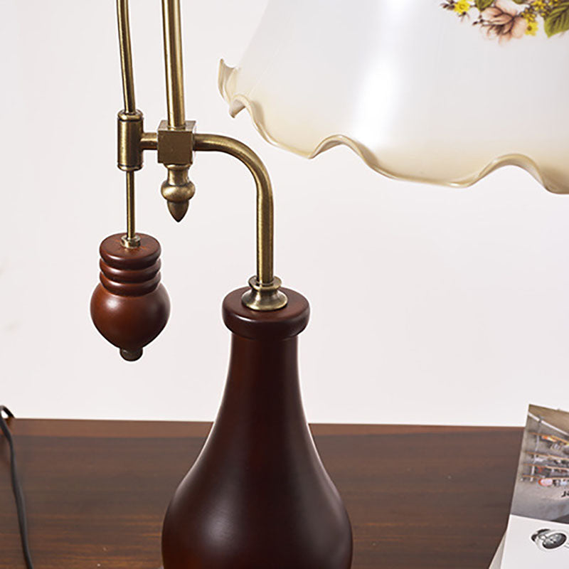 Traditional Vintage Floral Glass Rubberwood Copper Base 1-Light Table Lamp For Bedroom