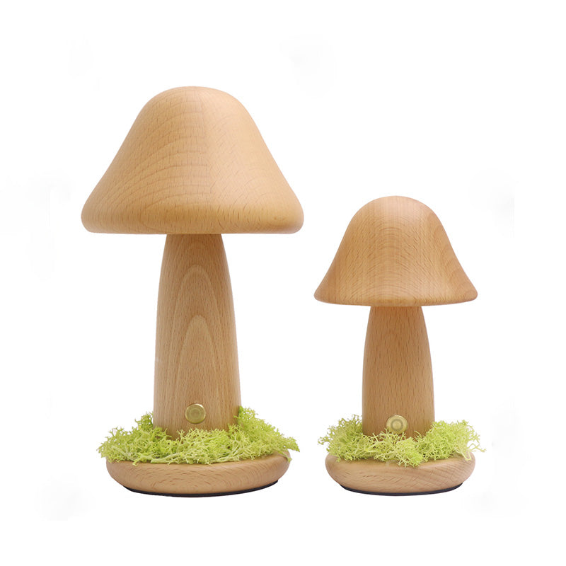 Modern Art Deco Mushroom Round Beech Wood LED Table Lamp For Bedroom