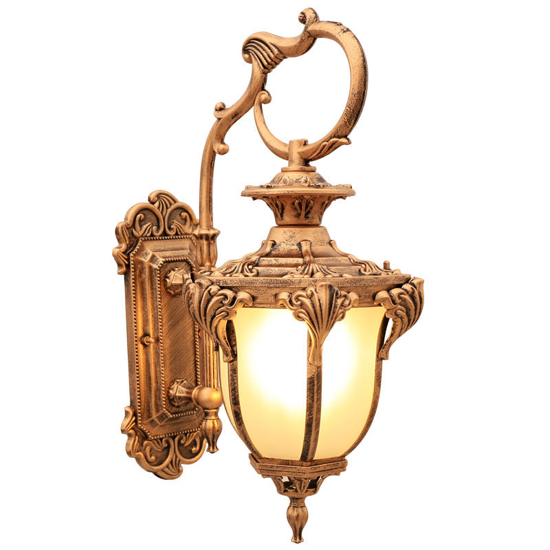 European Retro Aluminum Glass Carved Lantern 1-Light Outdoor Waterproof Wall Sconce Lamp