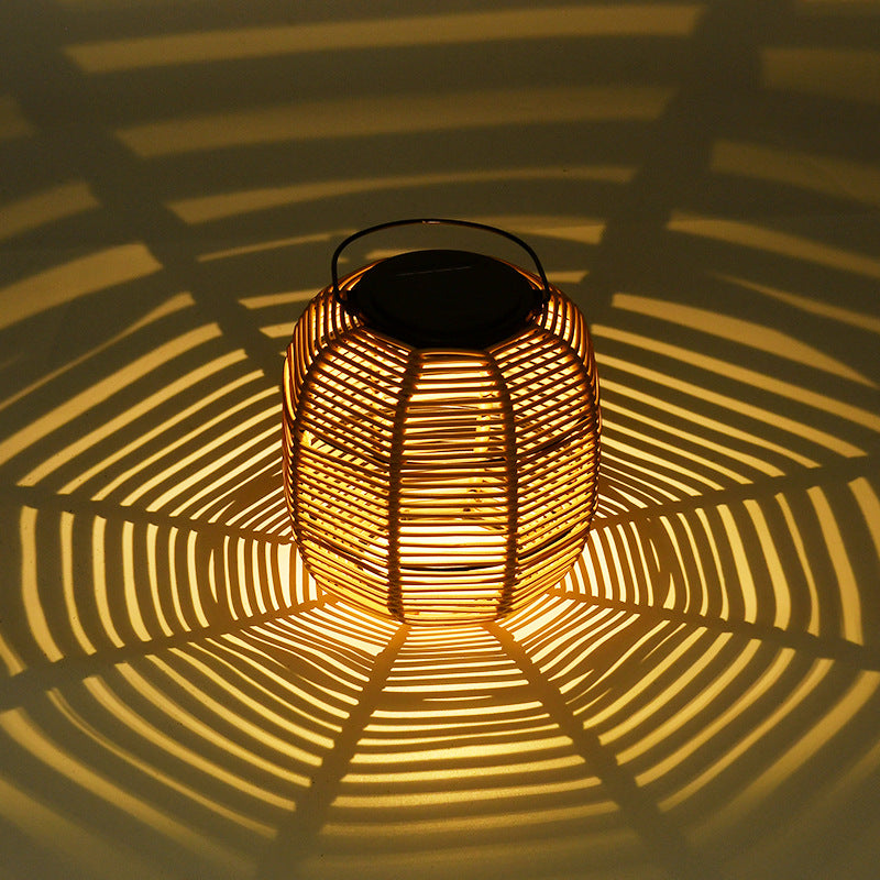 Solar Outdoor Rattan Weaving Cylinder Waterproof LED Garden Table Lamp