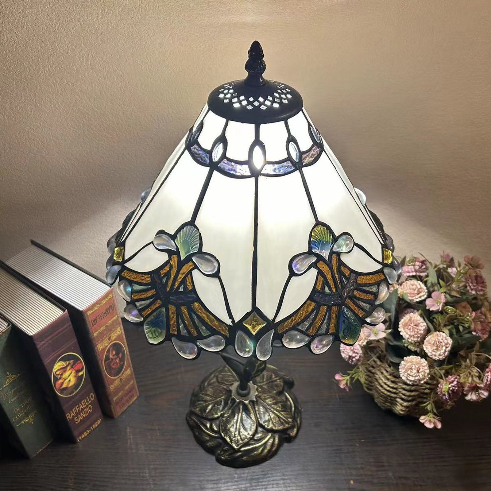 Traditional Tiffany Resin Glass Dome Conic Flower Leaf 1-Light Table Lamp For Bedside