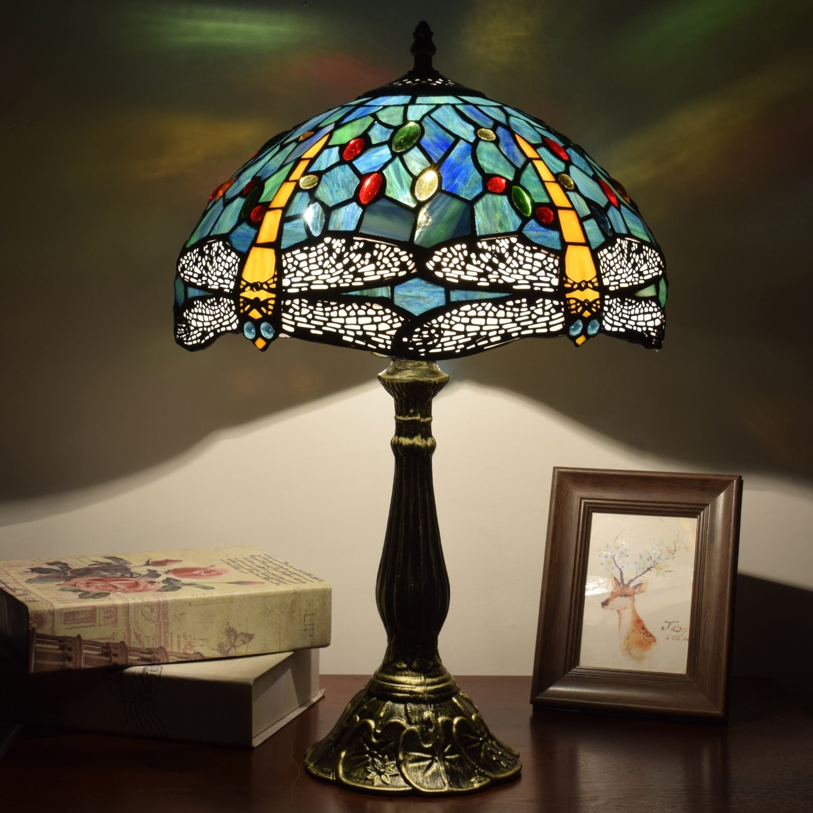 Traditional Tiffany Dragonfly Stained Glass 1-Light Table Lamp For Study
